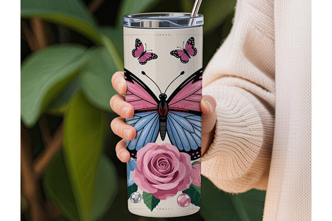 Pink Butterfly & Roses 20oz Tumbler Wrap Sublimation DesignSVG 