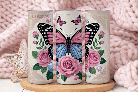 Pink Butterfly & Roses 20oz Tumbler Wrap Sublimation DesignSVG 