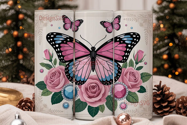 Pink Butterfly & Roses 20oz Tumbler Wrap Sublimation DesignSVG 