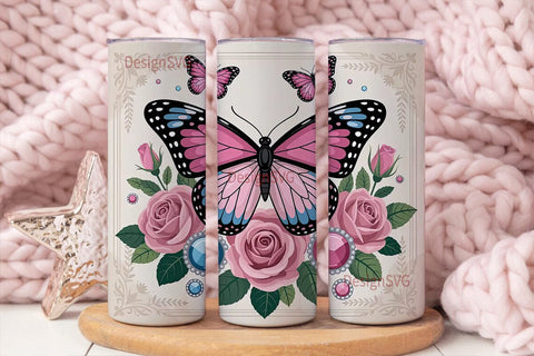 Pink Butterfly & Roses 20oz Tumbler Wrap Sublimation DesignSVG 
