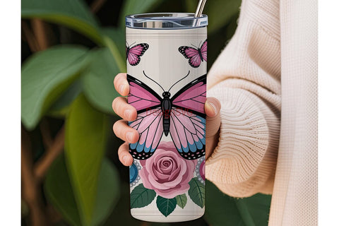 Pink Butterfly & Roses 20oz Tumbler Wrap Sublimation DesignSVG 