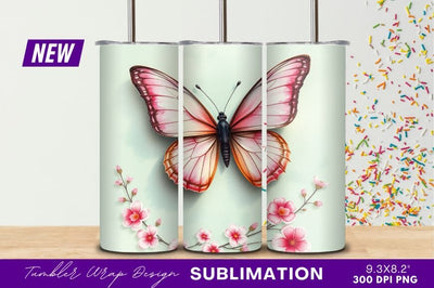 Pink Butterfly With Cherry Blossoms Tumbler Png Sublimation Regulrcrative 
