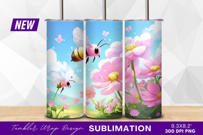 Pink cartoon bees flying over pink flowers Sublimation Regulrcrative 