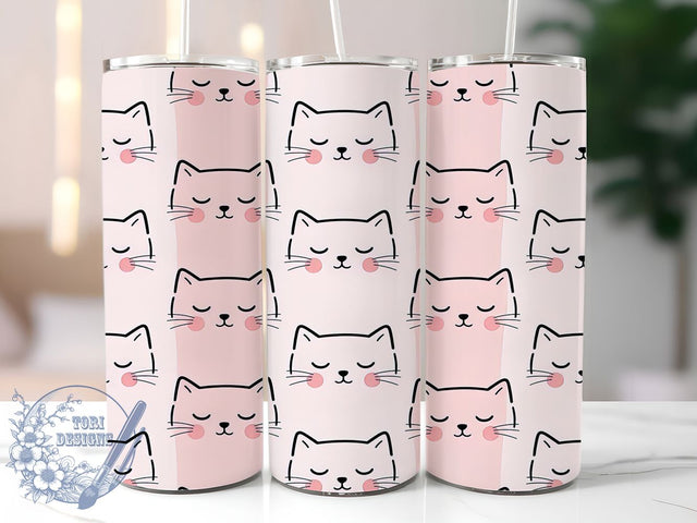 Pink Cat Face Pattern 20oz Tumbler, Pink Theme, Cat Face Motif, Pattern Design, Cute Style, Whimsical Charm, Skinny Tumbler, Sublimation PNG Sublimation ToriDesigns 
