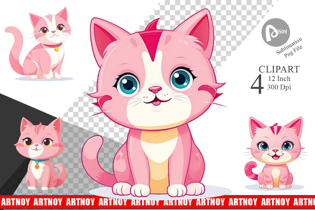 Pink Cat Valentine Clipart Sublimation artnoy 