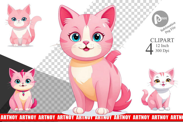 Pink Cat Valentine Clipart Sublimation artnoy 