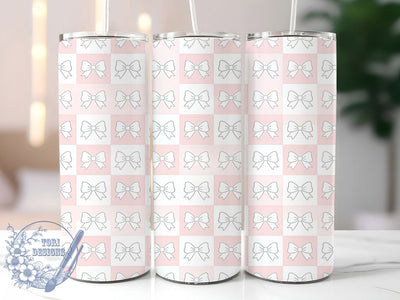 Pink Checker Bow Pattern 20oz Tumbler Wrap, Pink Checker, Bow Design, Pattern Motif, Retro Charm, Whimsical Style, Skinny Tumbler, Sublimation PNG Sublimation ToriDesigns 