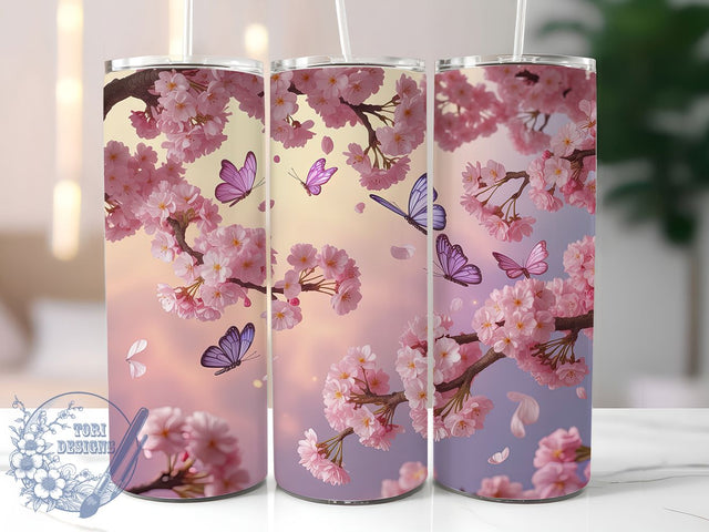 Pink Cherry Blossom 20oz Tumbler, Cherry Blossom Cup Wrap, Floral Butterfly Design, Sublimation Tumbler Wrap, 20Oz Tumbler Design, Artistic Blossom Cup, Stylish Pink Butterfly Wrap Sublimation ToriDesigns 