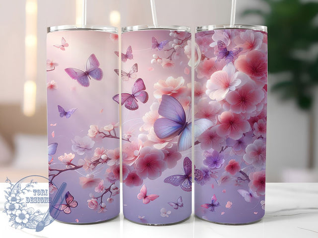 Pink Cherry Blossom 20oz Tumbler, Cherry Blossom Cup Wrap, Floral Butterfly Design, Sublimation Tumbler Wrap, 20Oz Tumbler Design, Artistic Blossom Cup, Stylish Pink Butterfly Wrap Sublimation ToriDesigns 