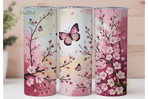 Pink Cherry Blossom Butterfly Tumbler Sublimation PixelChick 