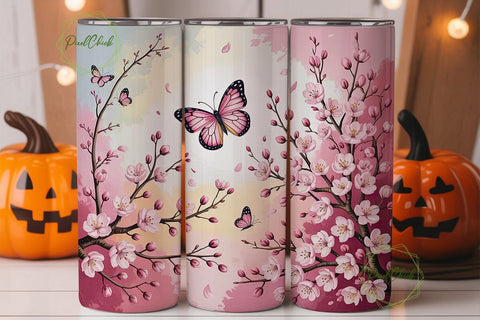 Pink Cherry Blossom Butterfly Tumbler Sublimation PixelChick 
