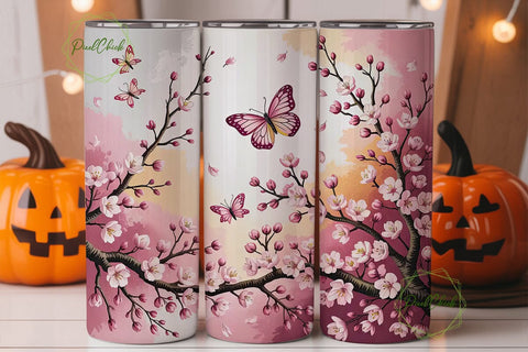 Pink Cherry Blossom Butterfly Tumbler Sublimation PixelChick 