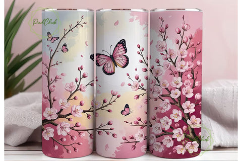 Pink Cherry Blossom Butterfly Tumbler Sublimation PixelChick 