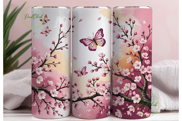 Pink Cherry Blossom Butterfly Tumbler Sublimation PixelChick 