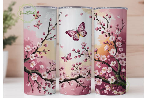 Pink Cherry Blossom Butterfly Tumbler Sublimation PixelChick 