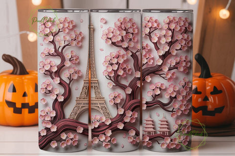 Pink Cherry Blossom Eiffel Tower Tumbler Sublimation PixelChick 