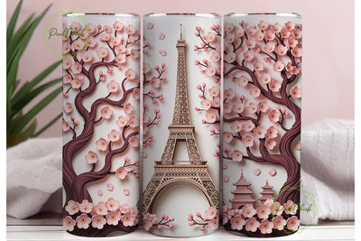 Pink Cherry Blossom Eiffel Tower Tumbler Sublimation PixelChick 