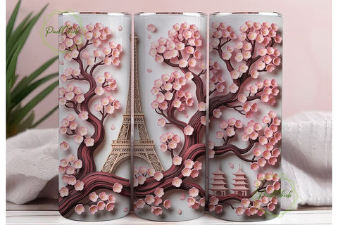 Pink Cherry Blossom Eiffel Tower Tumbler Sublimation PixelChick 