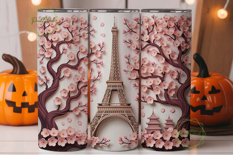 Pink Cherry Blossom Eiffel Tower Tumbler Sublimation PixelChick 
