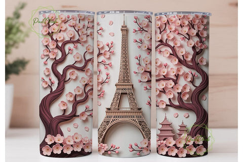 Pink Cherry Blossom Eiffel Tower Tumbler Sublimation PixelChick 