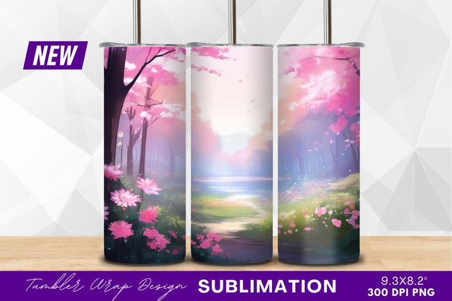Pink cherry blossom fantasy landscape tumbler png Sublimation Regulrcrative 