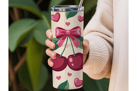 Pink Cherry Bow 20oz Tumbler Wrap Sublimation DesignSVG 