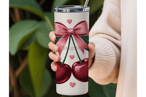 Pink Cherry Bow 20oz Tumbler Wrap Sublimation DesignSVG 