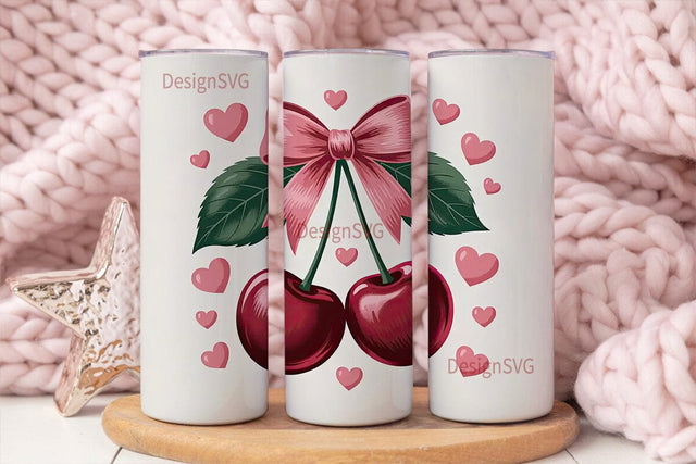 Pink Cherry Bow 20oz Tumbler Wrap Sublimation DesignSVG 