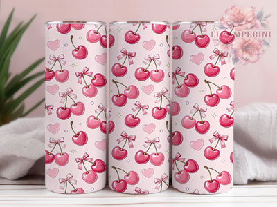 Pink Cherry Bow Hearts 20oz Tumbler, Cherry Design, Bow Pattern, Heart Motif, Sublimation Wrap, 20oz Tumbler, Cute Aesthetic, Romantic Style Sublimation Li Zamperini 