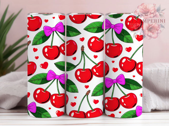 Pink Cherry Bow Valentine Tumbler, Valentine Pink Wrap, Cute Cherry Design, Sublimation Cup, 20oz Skinny Tumbler, Sweet Valentine Drinkware, Romantic Bow Style Sublimation Li Zamperini 