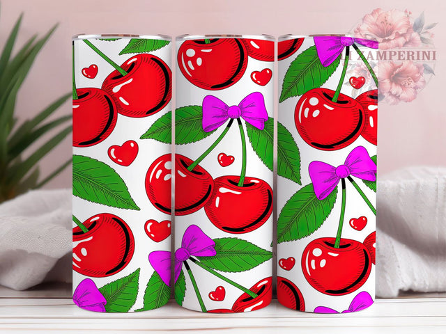 Pink Cherry Bow Valentine Tumbler, Valentine Pink Wrap, Cute Cherry Design, Sublimation Cup, 20oz Skinny Tumbler, Sweet Valentine Drinkware, Romantic Bow Style Sublimation Li Zamperini 