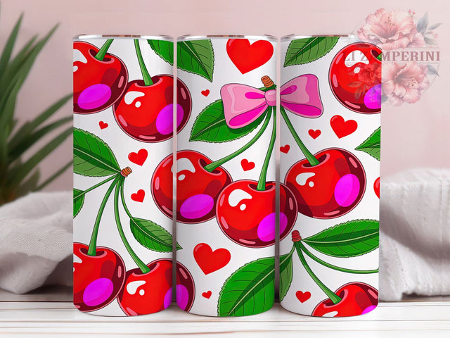 Pink Cherry Bow Valentine Tumbler, Valentine Pink Wrap, Cute Cherry Design, Sublimation Cup, 20oz Skinny Tumbler, Sweet Valentine Drinkware, Romantic Bow Style Sublimation Li Zamperini 