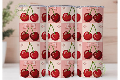 Pink Cherry Check Tumbler Wrap Sublimation PixelChick 