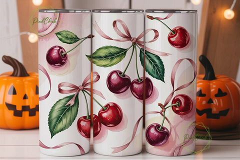 Pink Cherry Watercolor 20oz Tumbler Wrap Sublimation PixelChick 