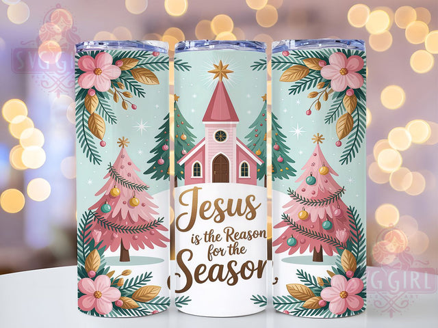 Pink Christian Christmas Tumbler, Pink Preppy Holiday Art, Jesus Is The Reason, Faith Based Christmas Graphic, Elegant Holiday Pattern, 20oz Tumbler, Sublimation Design Sublimation SvggirlplusArt 