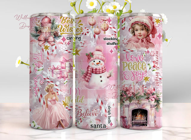 Pink Christmas 20 oz Skinny Tumbler Sublimation Design Digital Download PNG Instant Digital, Holidays Christmas Tumbler Pink Retro Christmas Sublimation WillowSageDesign 