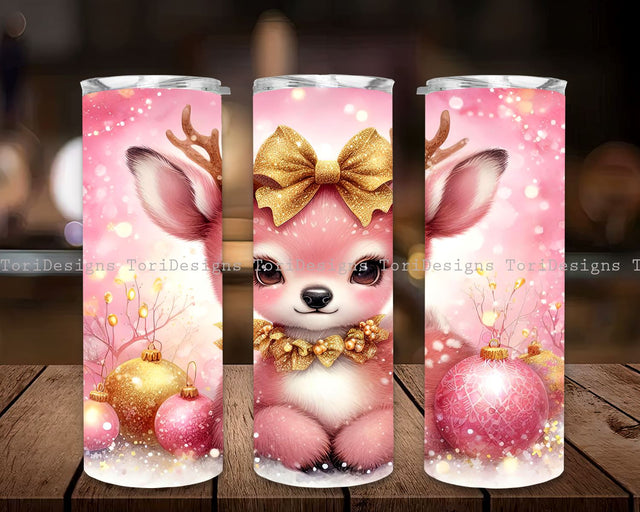 Pink Christmas 20 oz Tumbler Wrap Baby Deer, Cute Christmas Deer Tumbler Wrap 20 oz Skinny Pink Design Straight Tapered Xmas Winter Holiday PNG,Instant Digital Download PNG, Holiday Tumbler Sublimation ToriDesigns 
