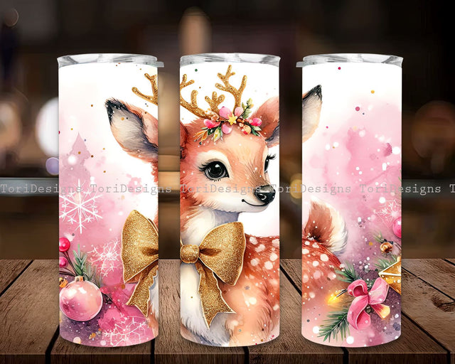Pink Christmas 20 oz Tumbler Wrap Baby Deer, Cute Christmas Deer Tumbler Wrap 20 oz Skinny Pink Design Straight Tapered Xmas Winter Holiday PNG,Instant Digital Download PNG, Holiday Tumbler Sublimation ToriDesigns 