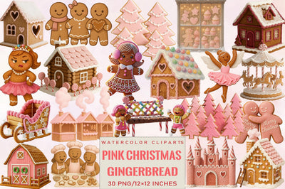Pink Christmas Gingerbread Clipart Bundle. Sublimation SVGArt 