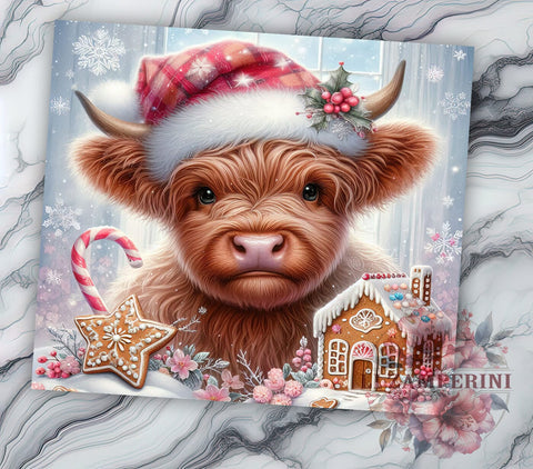 Pink Christmas Highland Cow 20oz Tumbler Wrap PNG, Gingerbread Cookies Tumbler PNG Sublimation Design, Straight & Tapered Tumbler Wrap, Instant Digital Download Sublimation Li Zamperini 