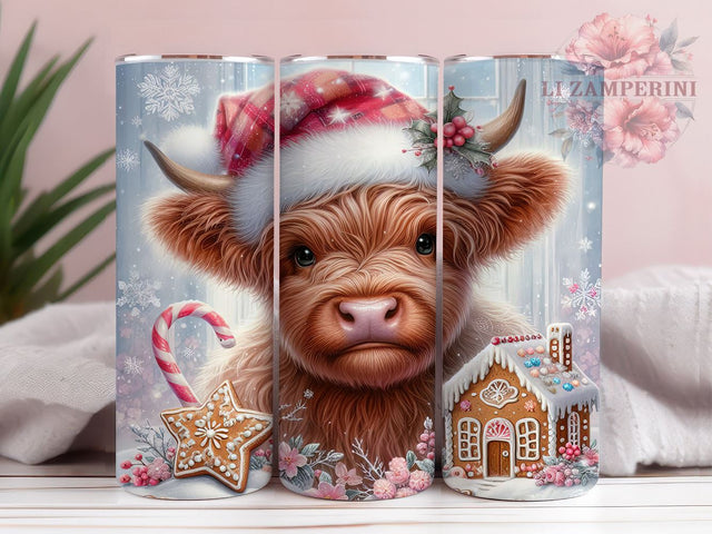 Pink Christmas Highland Cow 20oz Tumbler Wrap PNG, Gingerbread Cookies Tumbler PNG Sublimation Design, Straight & Tapered Tumbler Wrap, Instant Digital Download Sublimation Li Zamperini 