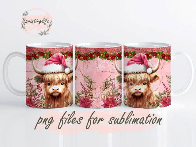 Pink Christmas Highland Cow Mug Wrap, Pink Winter Design, Pink Christmas Wrap Sublimation PrintingLife 
