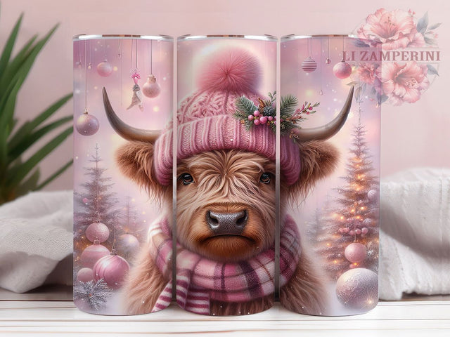 Pink Christmas Highland Cow Tumbler, Highland Cow Holiday Wrap, Cozy Winter Cow Sublimation Design, Silver Ornament Cup, 20Oz Skinny Tumbler Wrap, Festive Cow Mug, Cute Christmas Farmhouse Design Sublimation Li Zamperini 