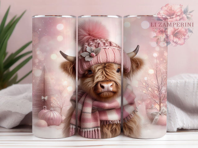 Pink Christmas Highland Cow Tumbler, Highland Cow Holiday Wrap, Cozy Winter Cow Sublimation Design, Silver Ornament Cup, 20Oz Skinny Tumbler Wrap, Festive Cow Mug, Cute Christmas Farmhouse Design Sublimation Li Zamperini 