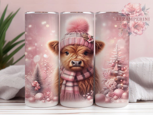 Pink Christmas Highland Cow Tumbler, Highland Cow Holiday Wrap, Cozy Winter Cow Sublimation Design, Silver Ornament Cup, 20Oz Skinny Tumbler Wrap, Festive Cow Mug, Cute Christmas Farmhouse Design Sublimation Li Zamperini 