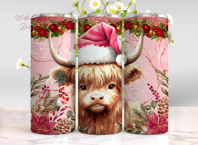 Pink Christmas Highland Cow Tumbler Wrap 20 oz Skinny Pink Winter Tumbler Design Wrap 20 oz Pink Christmas Tumbler Wrap 20 oz Skinny Design Sublimation WillowSageDesign 