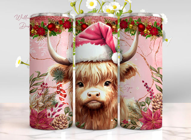 Pink Christmas Highland Cow Tumbler Wrap 20 oz Skinny Pink Winter Tumbler Design Wrap 20 oz Pink Christmas Tumbler Wrap 20 oz Skinny Design Sublimation WillowSageDesign 