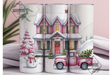 Pink Christmas House 20oz Tumbler Wrap Sublimation sassyprint 