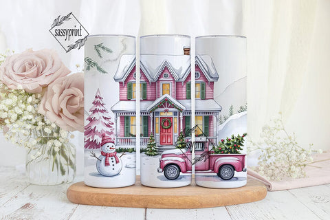 Pink Christmas House 20oz Tumbler Wrap Sublimation sassyprint 