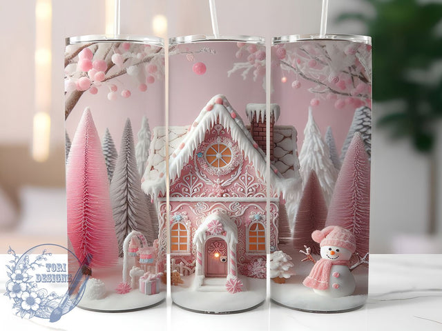 Pink Christmas House Snowman Tumbler, Snowman Holiday Wrap, 20oz Tumbler Sublimation, Cute Pink Winter Design, Festive Snowman Sublimation, Cozy Holiday Tumbler, Seasonal Christmas Wrap Sublimation ToriDesigns 
